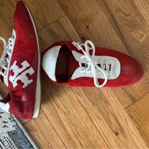 Tory Burch Red Suede & Leather Sneakers with White Logo